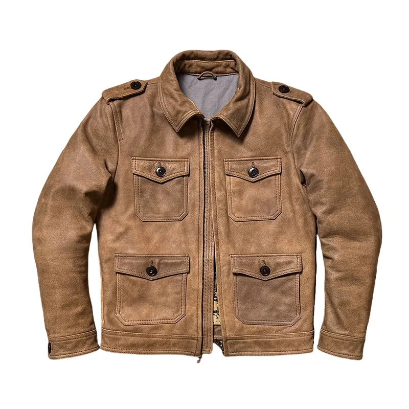 Light Khaki Autumn Leather Jacket Men Safari Style Plus Size 5XL Genuine Natural Cowhide Turn-Down Collar Four Pockets M65 Coat