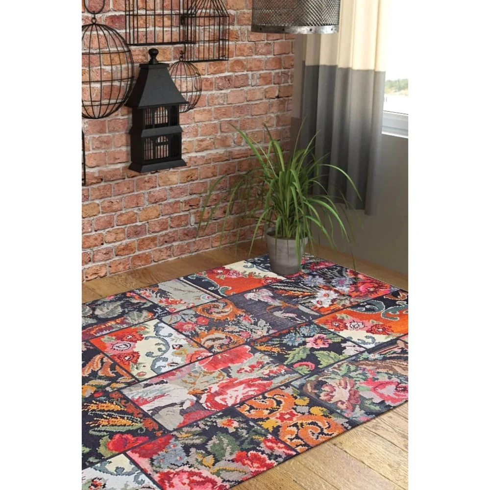 Patchwork Karabag Patterned Living Room Carpet, Woven Floor Decorative Sonille Black Carpet Jazz Quality Handmade Middle East