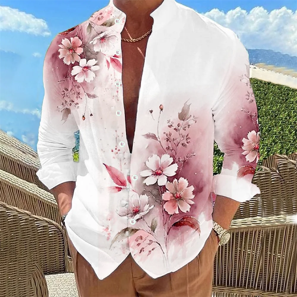 

Men's Fashionable Hawaiian Casual Shirt Floral Print Stand up Collar Long Sleeve Button up Cardigan Comfortable Soft Fabric