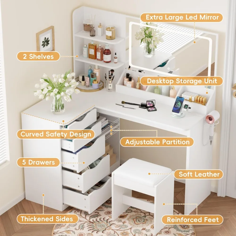 Tocador con luces y espejo, mesa de maquillaje en forma de L, tocador con soporte para secador de pelo y toma de corriente,