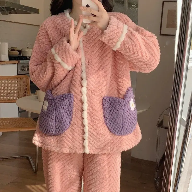 

Зимняя новая модель, женские пижамы, минималистичные милые милые пижамы, коралловый флис, утепленная флисовая подкладка, сохраняющий тепло, домашний костюм