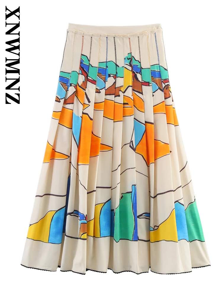 

XNWMNZ 2025 Summer New Women Clothing Casual Chic Print midi Pleated Skirt Fashion boho Lady Holiday Skirt
