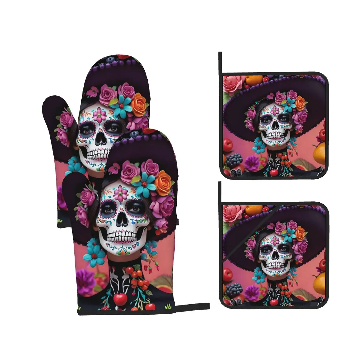 Day Of The Dead Sugar Skull Mexican Girl Oven Mitts and Pot Holder Sets of 4 for Baking Cooking BBQ Resistant Non-Slip Gloves