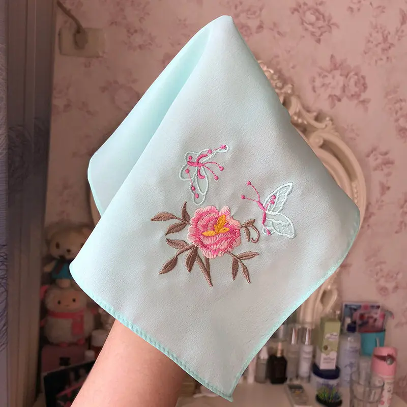 Chinese Traditional Embroidered Satin Handkerchief Lucky Auspicious Floral For Ancient Costume Cosplay Dance Show Prop For Lady