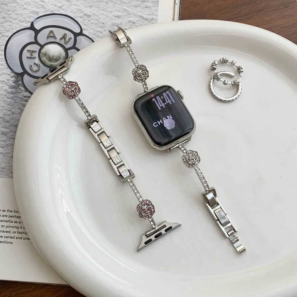 سوار كاميليا زركون فاخر لساعة أبل سلسلة 10 9 8 7 6 SE 5 4 3 2 1 ألترا iwatch 46 مم 38 مم 40 مم 41 مم 42 مم 44 مم 45 مم 49 مم سوار معدني أنيق للنساء
