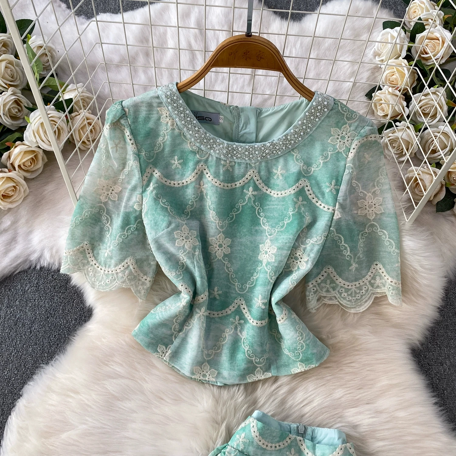 Vintage Boho Floral Crochet Lace Two Piece Set Women Short Sleeve Beaded Crop Top High Waist Long Skirt Suit Summer Beach Outfit