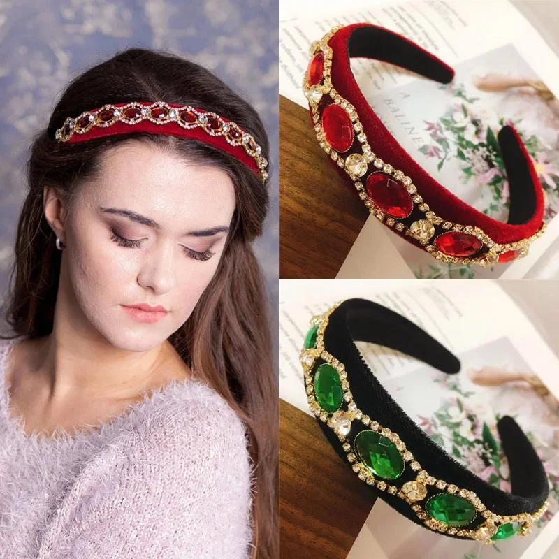 

2 Colors Retro Red Green Jewelled Gem Baroque Rhinestone Headband Hairband Embellished Rhinestones Velvet Beaded Hairbands QH42
