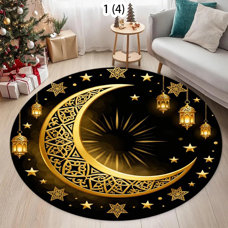 Area Rug Floor Carpet Mat Abstract Artistic Lantern Print Non-Slip Washable in Black Gold for Serene Ramadan Home Decoration