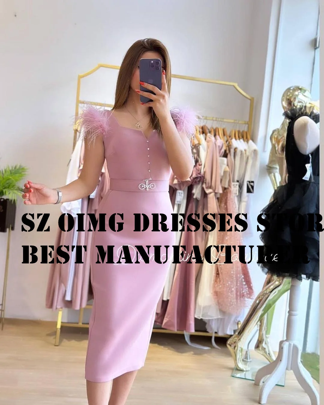 OIMG Short Prom Dresse Satin Arabic Short Sleeve Feathers Tea Length Pink Elegant Women Evening Gowns Formal Party Dress