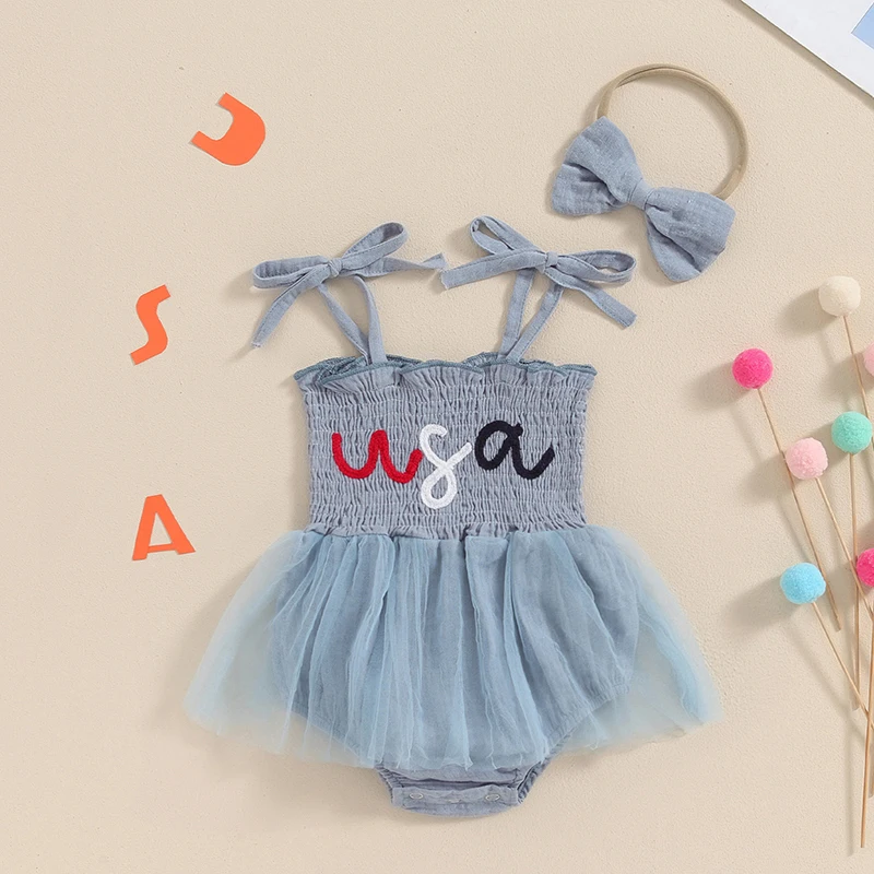 Baby Girl Summer Jumpsuit 4th of July Letter Print Sleeveless Romper Dress and Headband Set Cute Fashion Clothes Outfits