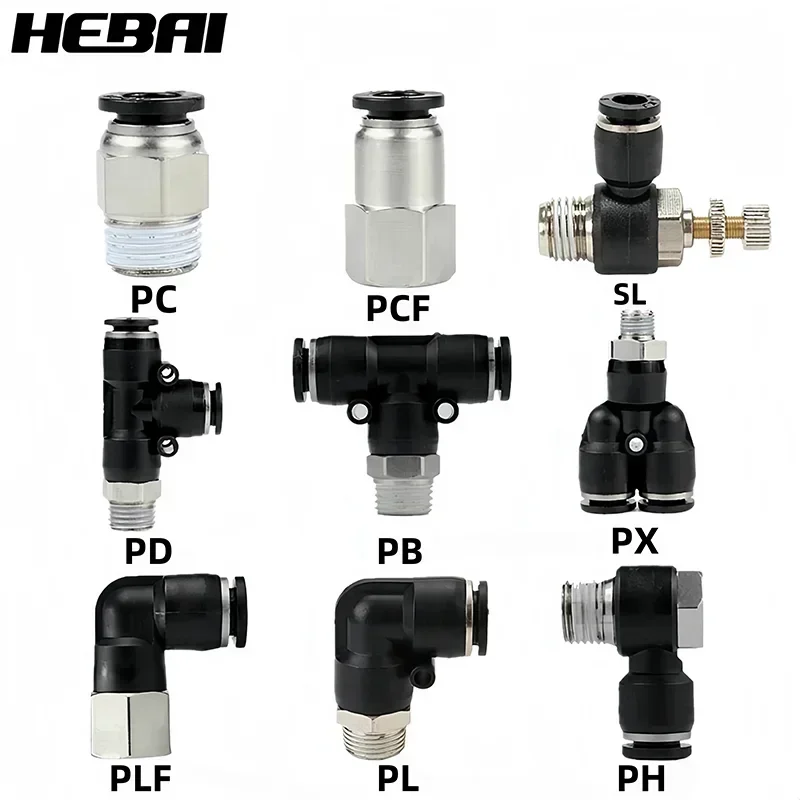 

HEBAI Pneumatic Fittings PC/PCF/PB/PKB/PH/PL/PLF/PX/SL 4mm 6mm 8mm 10mm Thread M5 1/8 1/4 3/8 1/2 Black Plastic Hose Fittings