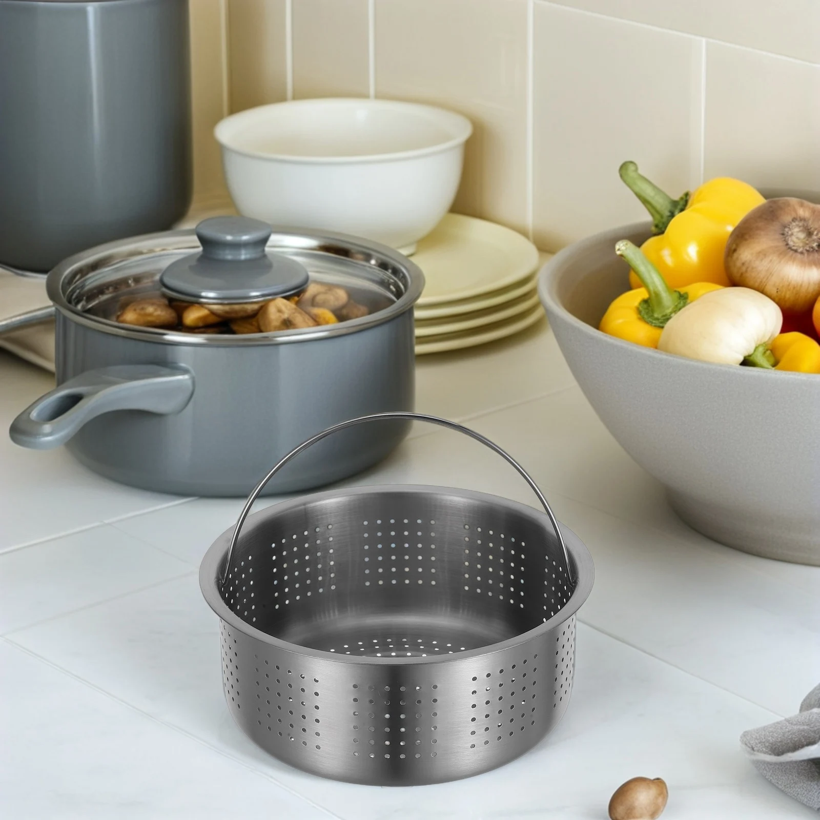 

Steamed Rice Basket for Cooker Food Steamer Multifunctional 304 Stainless Steel Vegetable Steaming Handle Universal Replacement