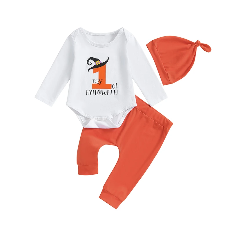 

3-Piece Baby Boy Halloween Set Witch Hat Letter Number Print Long Sleeve Romper Long Pants Hat Outfits