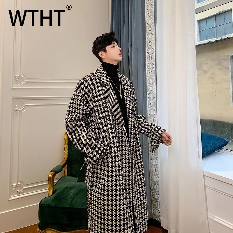 WTHT Fashion 2025 Autumn Men's Plaid Belt Design Loose Thickened Trendy Long Sleeves Single Breasted Overcoats Male 2A1934