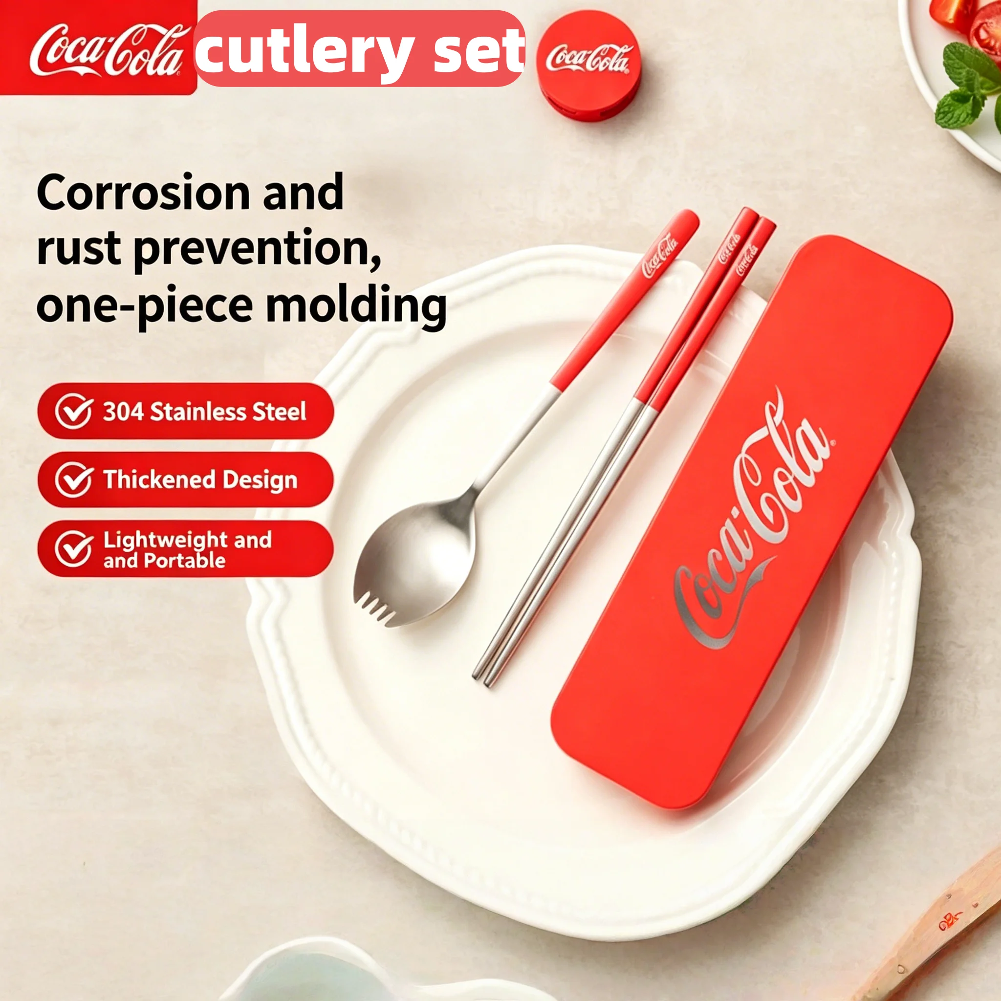 Juego de Cubiertos Portátil Coca Cola 2 en 1, Tenedor y Cuchara de Acero Inoxidable 304 con Estuche para Camping, Picnic, Cocina al Aire Libre, Regalo