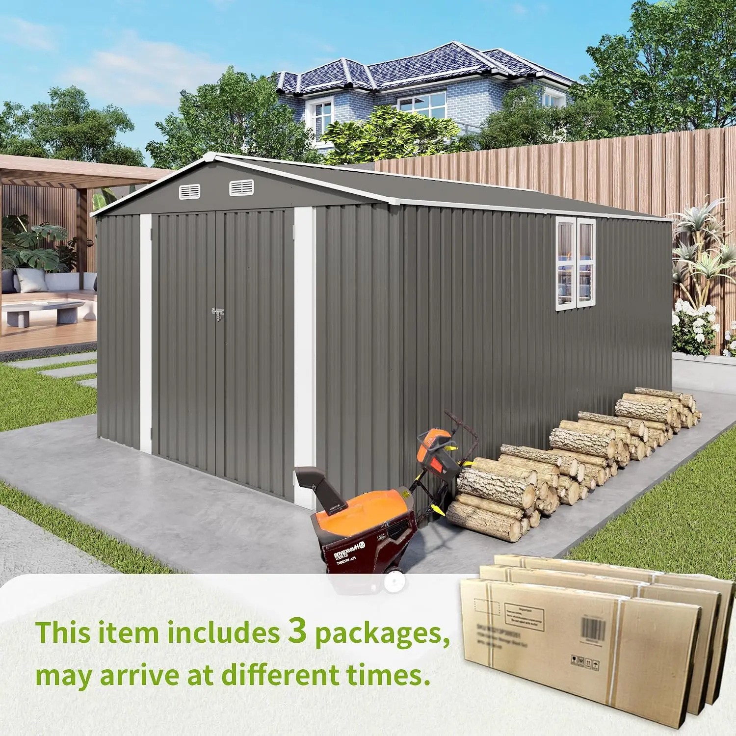 10x14 FT Outdoor Metal Storage Shed, Gray | 2 front+side doors.Galvanized steel,sloped roof,weatherproof.Large, Customized