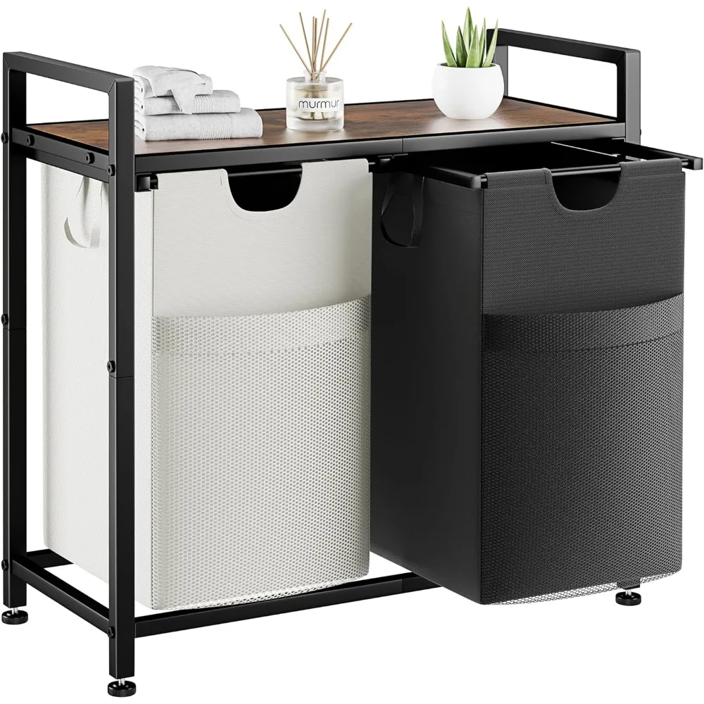 Doppelter Wäschekorb, multifunktionaler Korb-Organizer, 112 l Wäschesortierer mit abnehmbaren Taschen, Stoffgriffen, großes oberes Regal