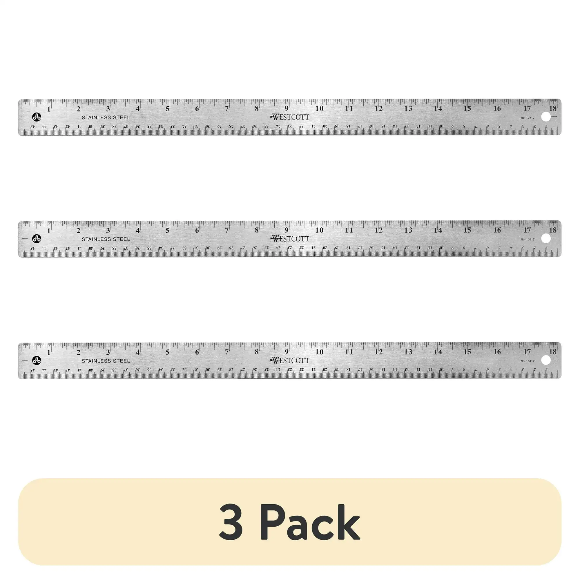

(3 pack) Westcott Standard 18" Stainless Steel Ruler, Non-Slip, Silver, Metric, 0.13 lbs., 1 Each, High School Level.