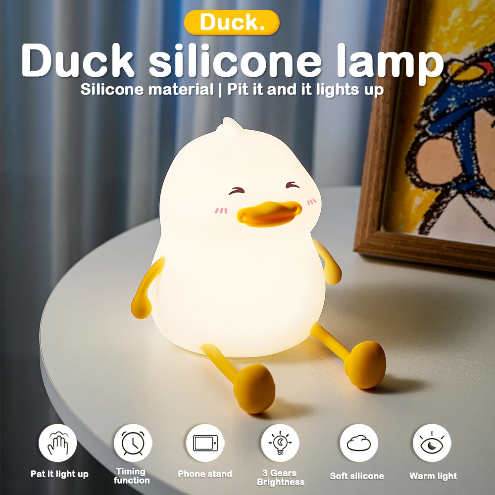 Imagem -03 - Pato Bonito Luz da Noite Silicone Berçário Urso Dormir Lâmpada Recarregável Regulável Candeeiro de Mesa com Sensor Toque para Quartos