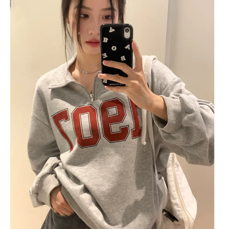 Grey Crew Baggy Zipper Lapel Sweatshirt Women\' Fleece Fashion Digit Printing Street Lazy Wind Long Sleeves Pullover Top Autumn