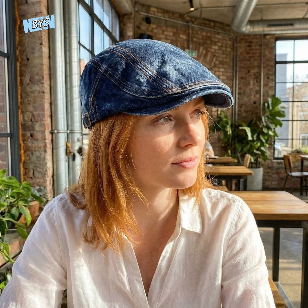 

Four Seasons Cotton Washed Denim Newsboy Caps Retro British Style Painter Beret Adjustable Solid Color Peaked Cap Casual