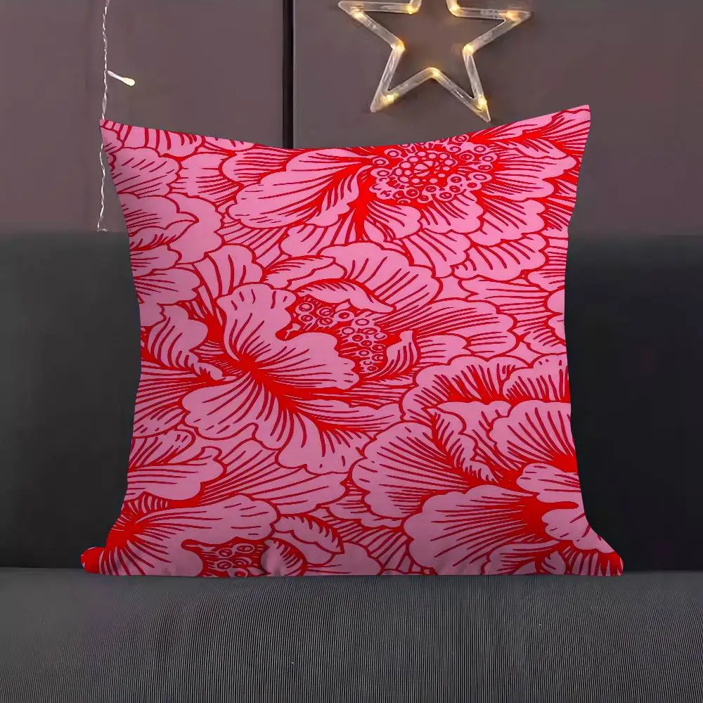 

Red - Lined Pink Flower Pattern Cushion Cover 30x50 Polyester Sofa Cushions Decorative Throw Pillows Home Decoration Pillowcover