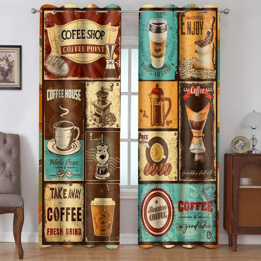 

Retro Brown Coffee Blackout Curtains Tan Curtain 84 Inches Long Coffee Art Checkered Fashion Insulated Curtains for Cafe Coffee
