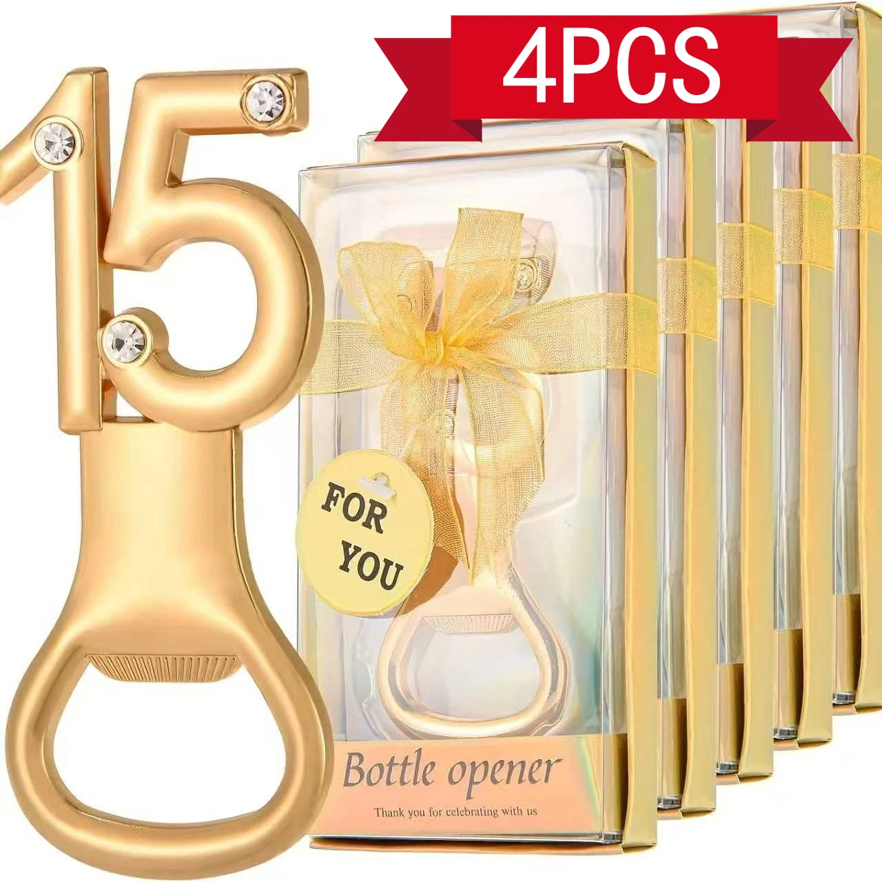 4pcs 15th Birthday Corkscrew Gold Metal with Diamond Embellishments Perfect Gift for Anniversary Party Favor