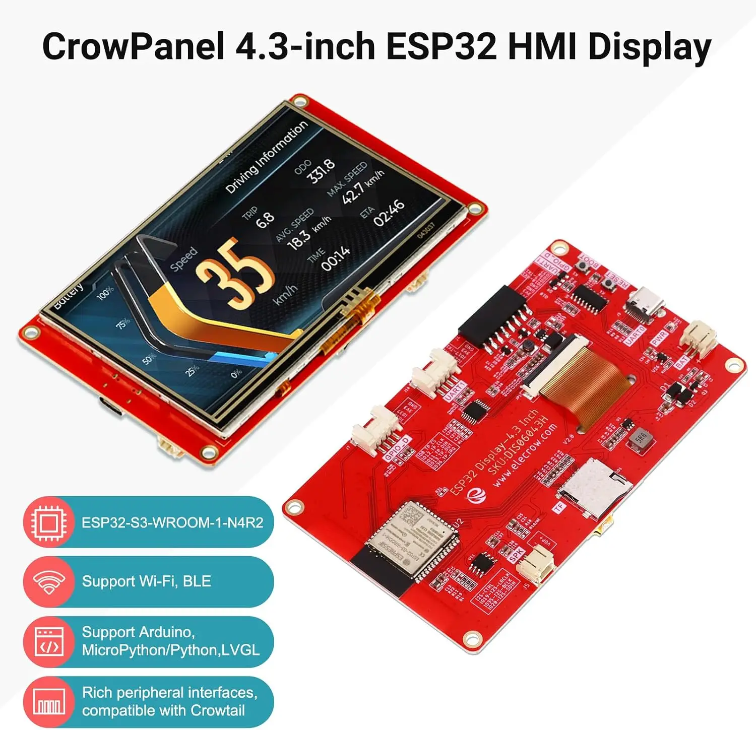 Super Deal ELECROW ESP32 CrowPanel 4.3 Inch HMI SPI TFT LCD 480x272 Basic Touch Screen with Free Shipping
