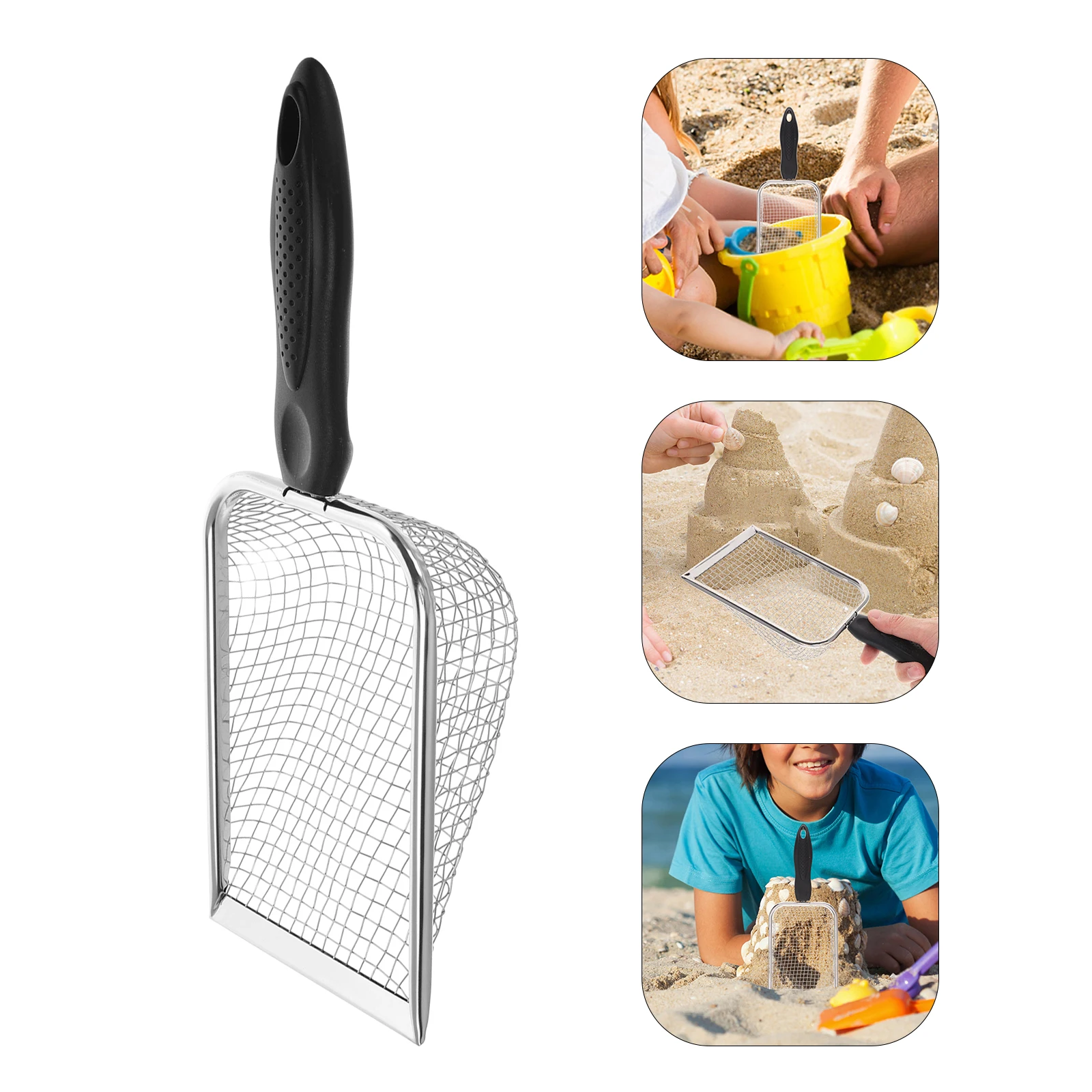 Pala con filtro de playa, pala de arena de Metal para niños, diseño de concha portátil ligero, juguetes de jardinería, tamiz de arena para gato, playa