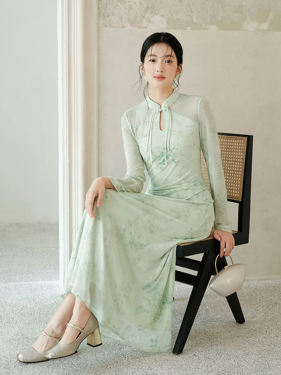 

Новое женское длинное платье-ципао с вышивкой и воротником-каплей, традиционная китайская одежда из полиэстера, длинная юбка