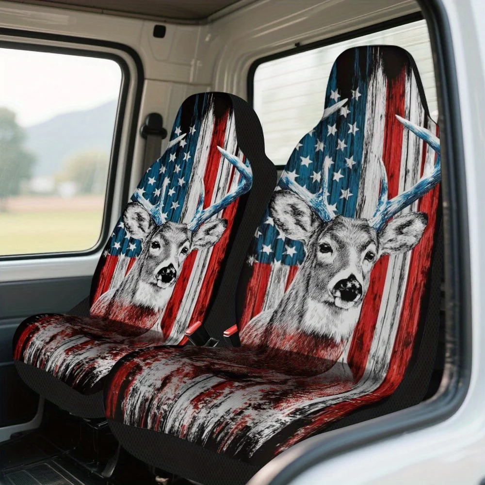 Set Of 2, Car Seat Covers Featuring A Patriotic Deer Design – Complete Set For Front Seats, Universally Compatible, Durable And