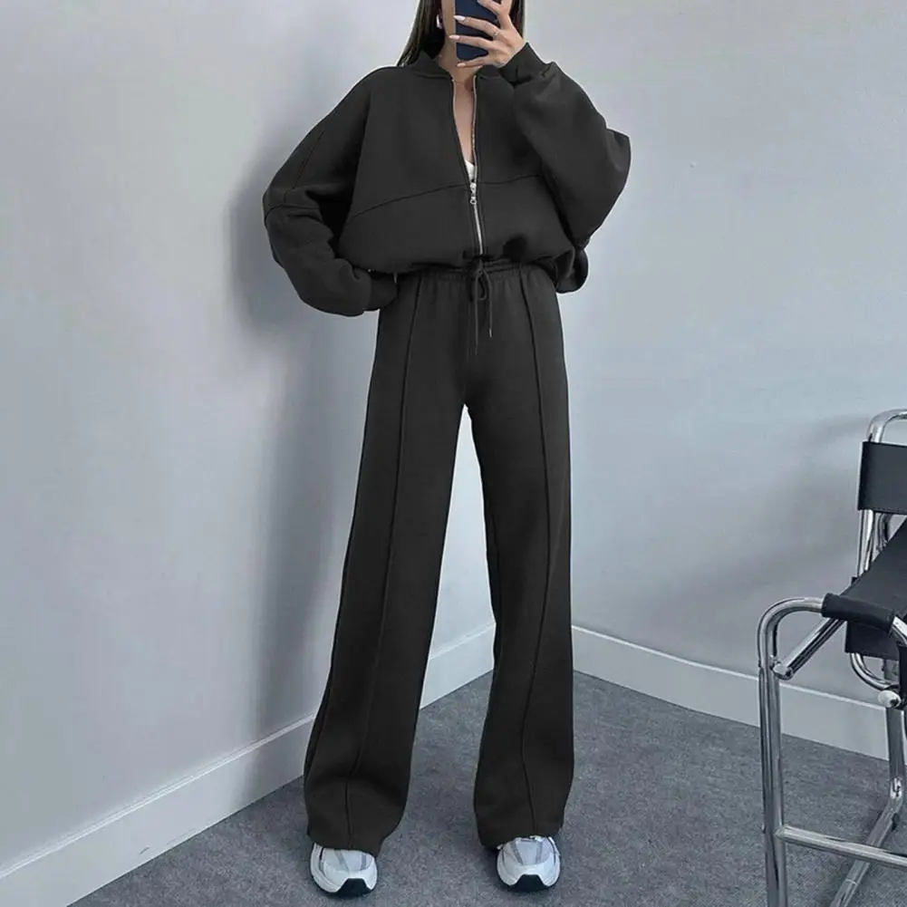 Women Loose Fit Suit Lightweight Women Coat Pants Set Zipper Closure Wide Leg Women\'s Stand Collar Tracksuit Set for Daily Wear