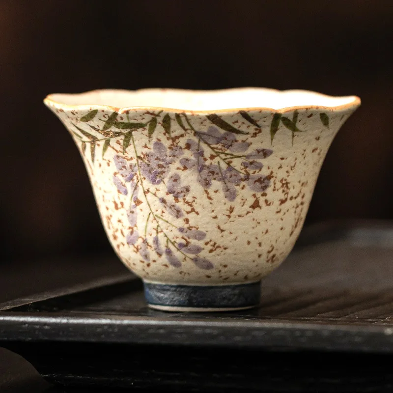Flint Blue White Gold Wisteria Bell Tea Cup Scalloped Rim Heat Resistant Large Household Kung Fu Tea Tasting Ceramic Drinkware