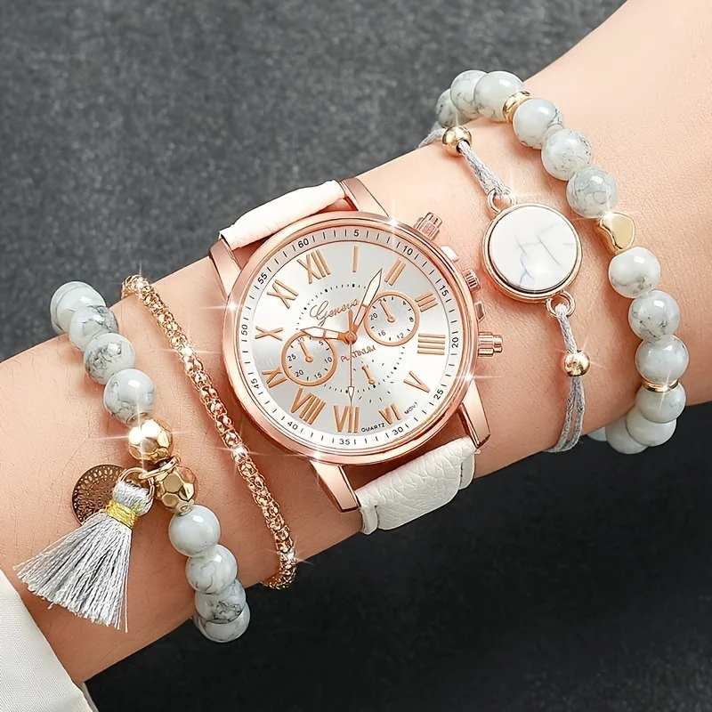 Jam tangan kulit PU Analog Quartz modis kasual 5 buah/set & gelang pembuluh darah marmer, hadiah untuk wanita