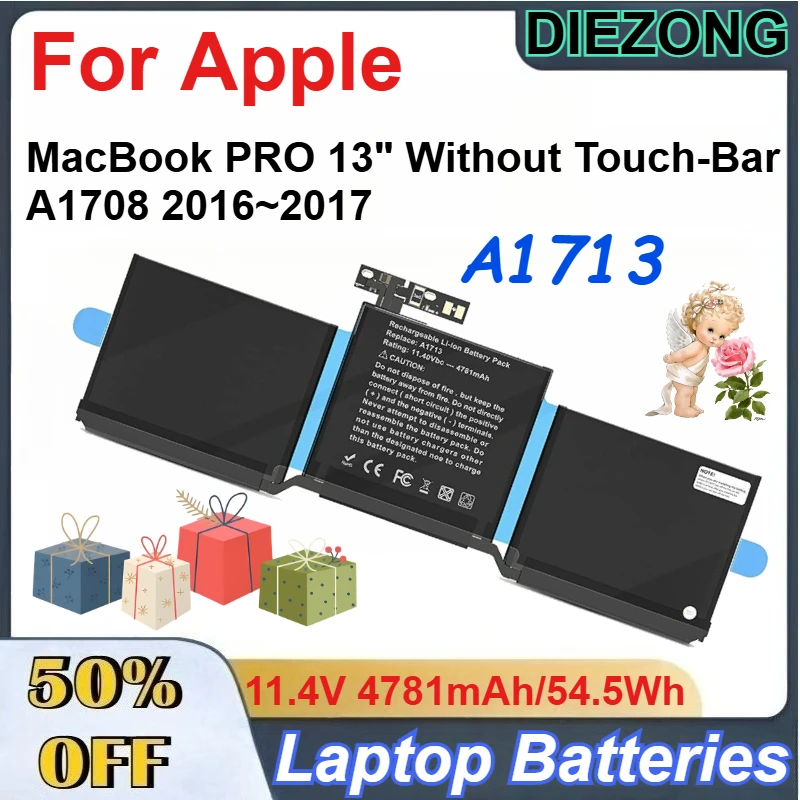 

Аккумулятор 11.4V 4781mAh/54.5Wh A1713 для Apple MacBook PRO 13" без Touch Bar A1708 2016~2017, батарея для ноутбука