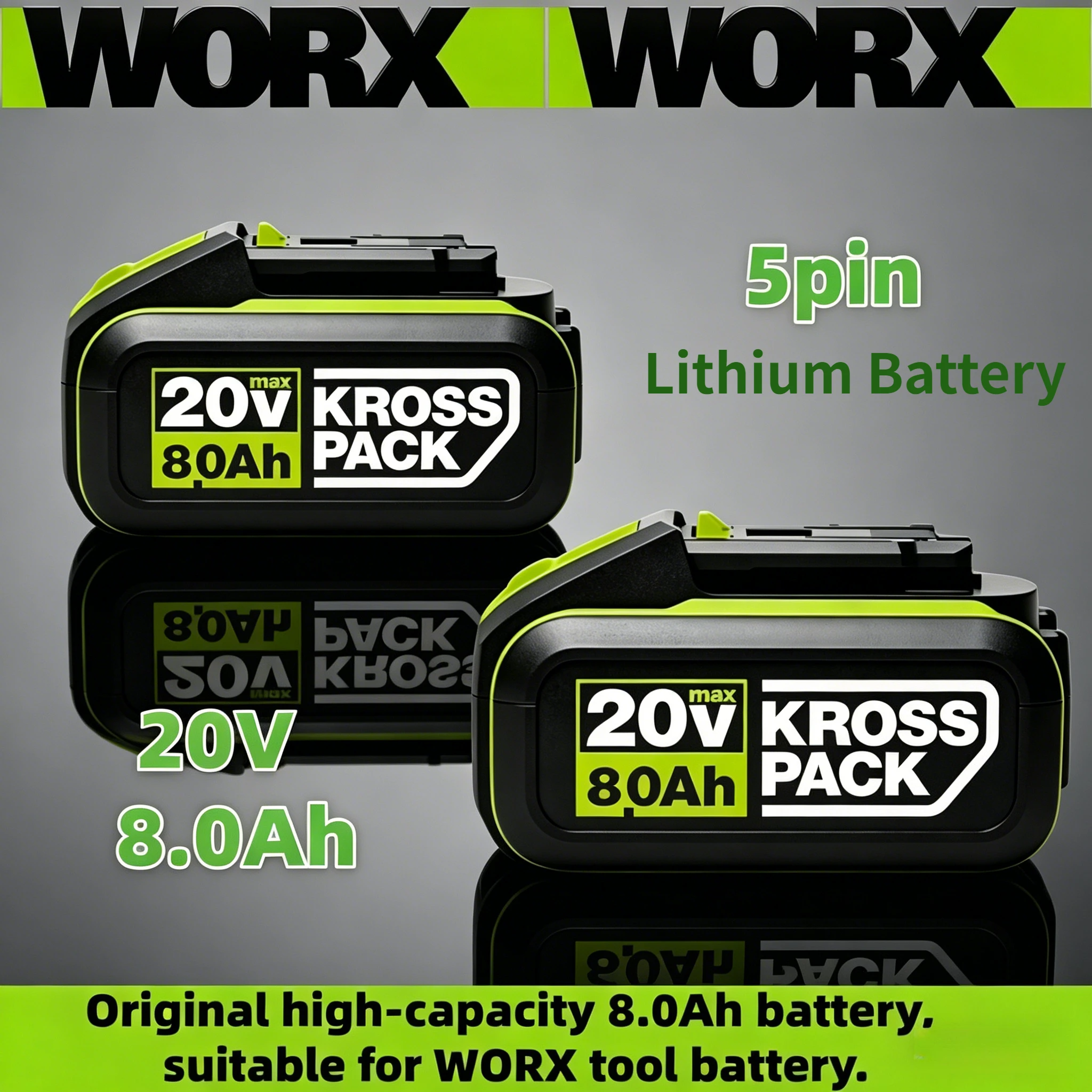 

100% WORX 20V 6.0Ah/8.0Ah 5pin WA3016 WA3023 WA3027 Li-ion Battery for Dewalt Tools for WORX Cordless Power Tool Model Battery