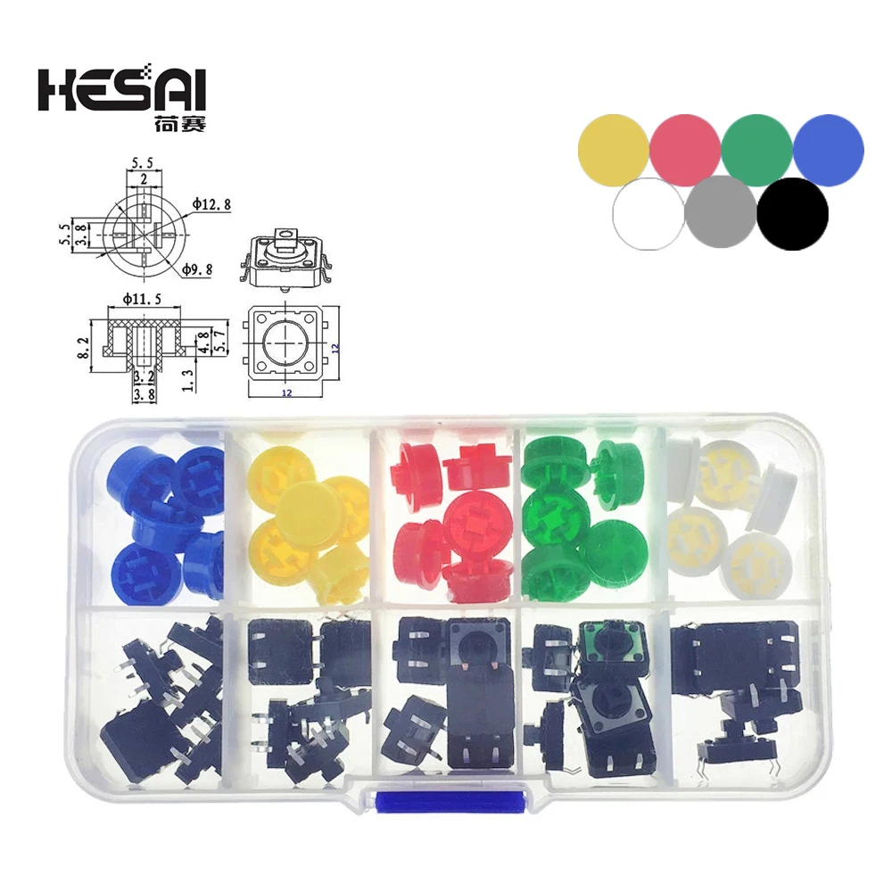 

5 Colors box Tactile Push Button Switch Momentary 12*12*7.3MM Single color Micro Switch Button Tact Cap 6colors With Plastic Box