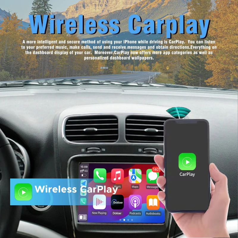 Wireless CarPlay Android Auto for Dodge Journey 2013-2018 | Fast Boot 3s | Retain OEM Buttons | Screen Mirroring | Plug & Play view 2