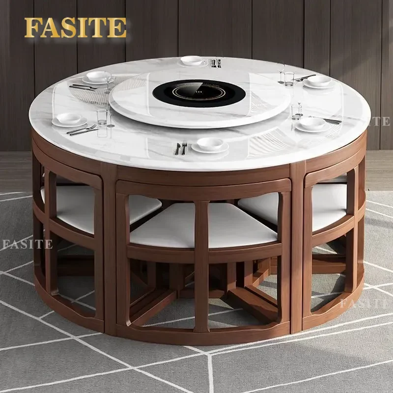 For Small Household Round Marble Dining Table and Chair Set Full Solid Wood Multi Functional Invisible Extendable Internet