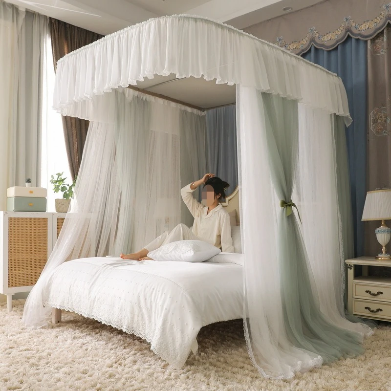 Princess wind U-shaped guide rail mosquito net, three doors + double yarn + dust top, sleeping out of a fairy tale feeling