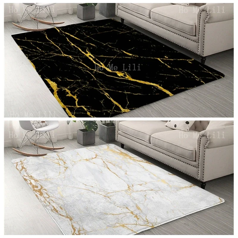 Modern Gold Glitter Black And White Marble Stone Center Flannel Floor Rugs Trendy For Bedroom Living Room Carpet