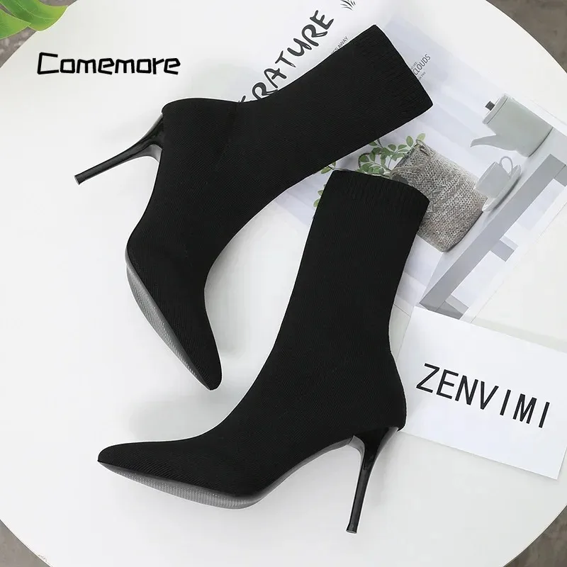 Comemore Fashion Shoes 2024 Knitting Stretch Boots Spring Autumn Ankle Boot Female Stiletto Sexy Sock Boots High Heels for Women