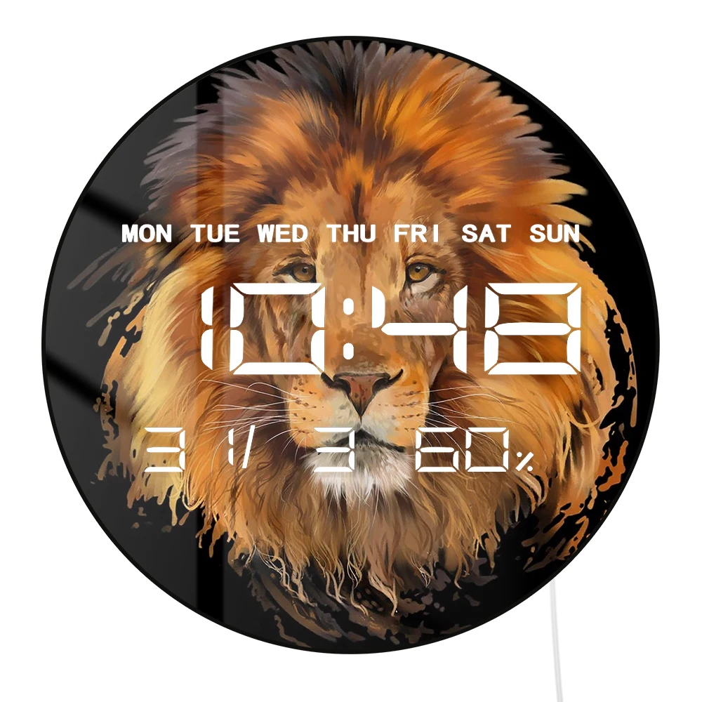 Lion Portrait Electronic Wall Clock Large Numeric Display Wild Animal African Home Decor Multifunctional LED Digital Wall Clock