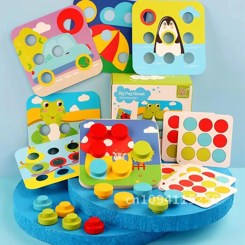 Mushroom Nail Art Puzzles Toy Kids Educational Mosaic Pegboard Toys Matching Game Puzzles Color Montessori Animal Wooden Buttons