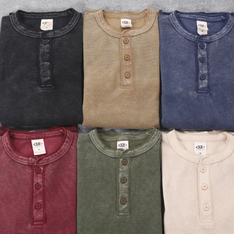 

Осенняя винтажная мужская футболка с восковой краской Генри, 2022, модная брендовая футболка с круглым вырезом и длинными рукавами и открытой грудью