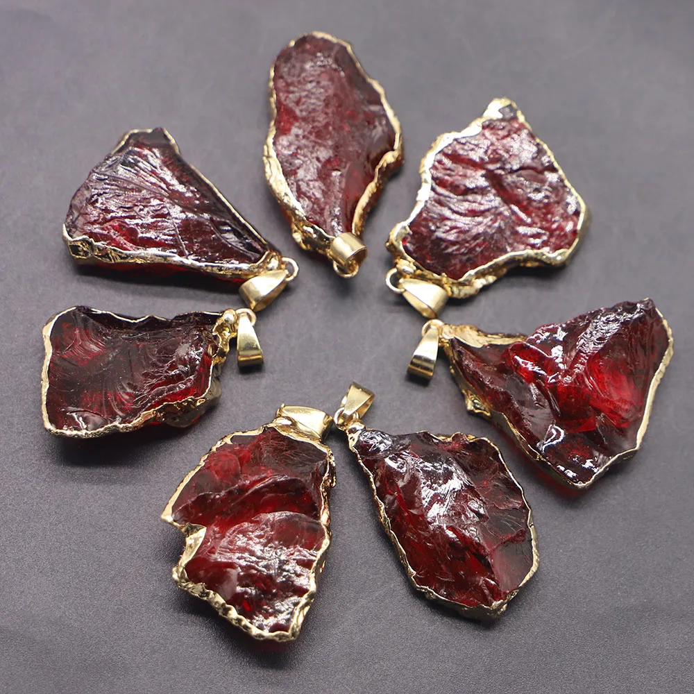 Natural Stone Gold Plated Bezel Crystal Glass Pendants Dyed Red Rough Irregular Necklaces Charms Jewelry Making Accessories 8Pcs
