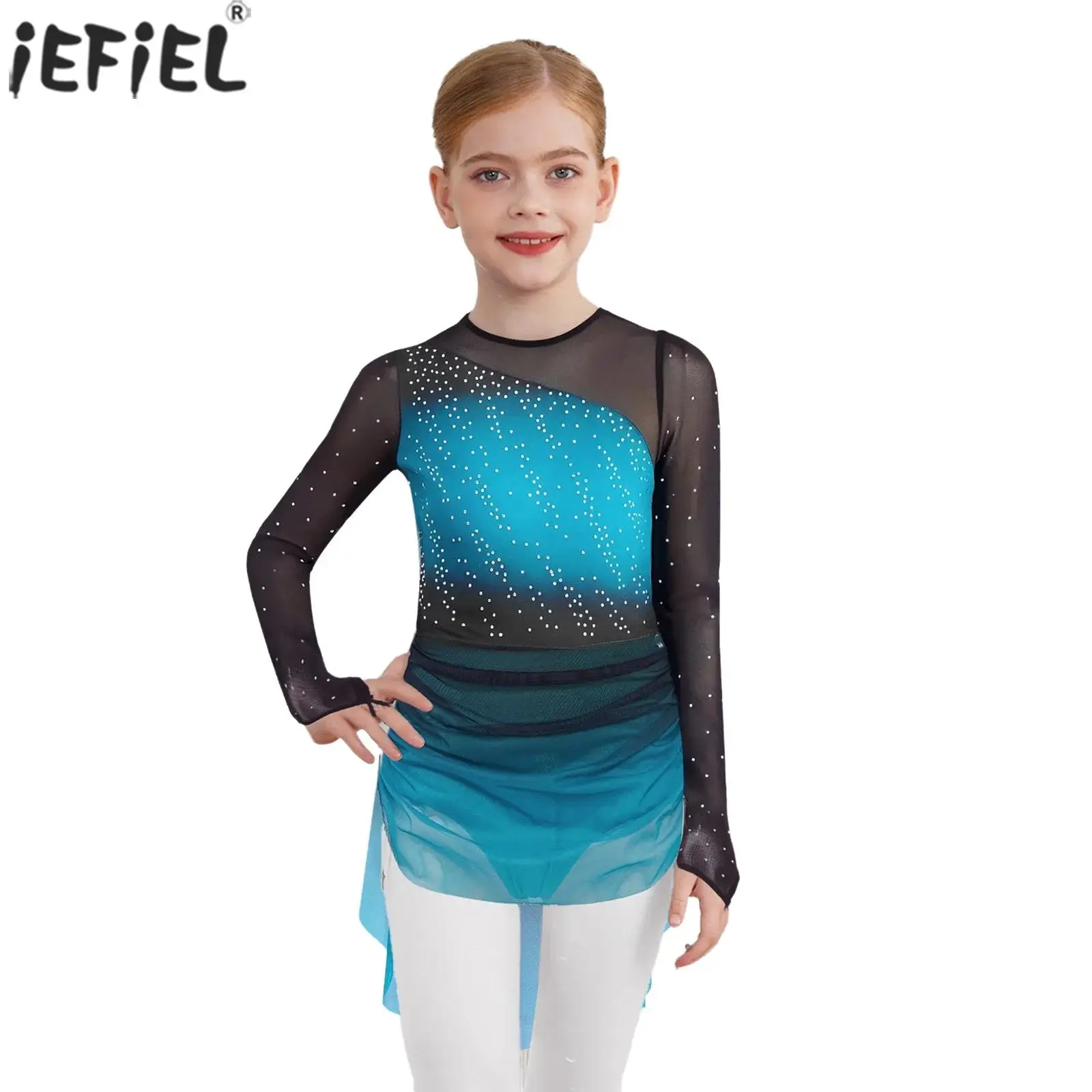 Kid Girls Lyrical Dance Figure Skating Dress Rhinestones Long Sleeves Sheer Mesh Ballet Tutu Gymnastics Leotard Modern Dancewear