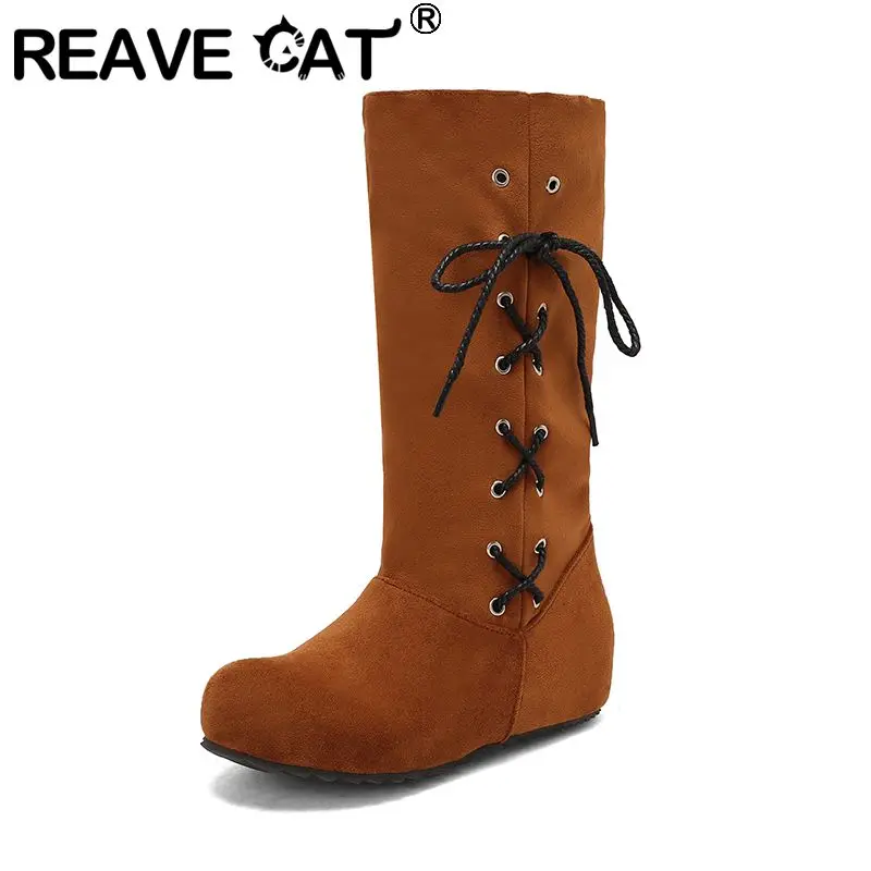 

REAVE CAT Flock Suede Women Mid Calf Boots Round Toe 4cm Increased Heel Slip On Lace Up Large Size 41 42 43 Casual Daily Booties