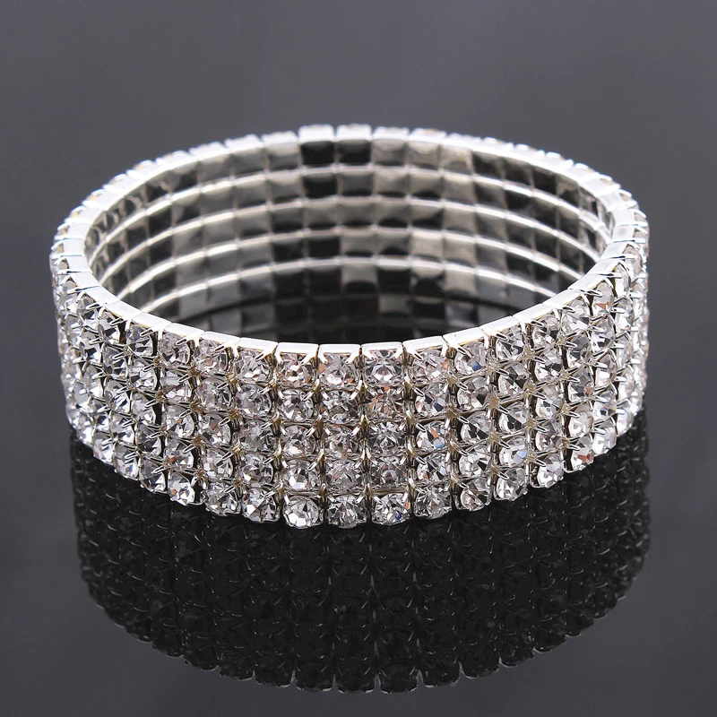 Classic Multiple Shining Rhinestone Crystal Stretch For Women Girls Bridal Wedding Wristband Elastic Bracelet Gold Silver Color